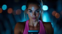Young mixed race woman in pink fitness top illuminated by blue light from mobile phone screen at night with bokeh background. Fitness and technology concept.