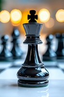 Black king chess piece on board with blurred pawns and warm bokeh lights in background, symbolizing leadership and strategy in business.