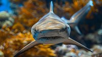 Menacing close up portrait of shark swimming forward with sharp teeth visible against orange coral background, dramatic underwater marine predator photography.