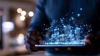 Digital smart city hologram emerging from tablet device in dark room with bokeh lights, showing futuristic urban technology and innovation concept.