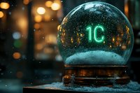 Glowing green digital numbers inside snow globe with bokeh lights background creating magical winter atmosphere and festive holiday mood.