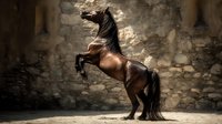 Majestic dark bay stallion rearing against ancient stone wall background, displaying power and grace with flowing black mane and muscular form in dramatic lighting.
