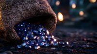 Sparkling blue gemstones spilling from rustic burlap sack on dark background with soft bokeh lights, creating magical atmosphere for jewelry or luxury concept.