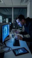 Focused male cybersecurity analyst monitoring radar display and data analytics on multiple screens in modern control room during night shift operations.