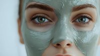 Young woman with blue eyes wearing green clay facial mask during spa skincare routine, close up beauty portrait in cool tones.