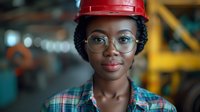 African American female engineer wearing red hard hat, safety glasses and plaid shirt smiling confidently in industrial manufacturing facility. Professional workplace portrait.
