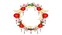 Festive circular wreath with red lanterns, pink cherry blossoms and golden decorative elements for Chinese New Year celebrations and Asian holiday designs.