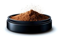Ground coffee powder in round black container on dark background with scattered particles, dramatic studio lighting creates contrast and texture.