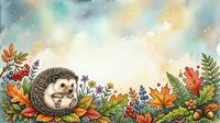 Cute hedgehog surrounded by autumn flowers and foliage in watercolor style illustration, isolated on white background for children's books, greeting cards, and nursery decor.