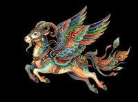 Ornate mythical winged horse with elaborate decorative patterns in gold, turquoise, red and green. Isolated on transparent background, ready for t-shirts, clipart, stickers, sublimation and print-on-demand designs.