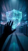 Futuristic cybersecurity concept with glowing digital shield hologram floating above human hand in modern data center server room with neon lighting effects.