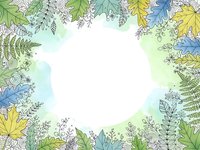 Hand-drawn botanical frame with colorful leaves and ferns creating decorative border on watercolor background for spring design projects.