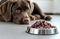Chocolate Labrador puppy lying on floor looking at metal bowl filled with raw meat diet food. Close up view shows natural feeding concept for pets.