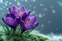 Purple crocus flowers blooming in spring with water droplets on petals and soft bokeh background for seasonal garden and nature themes.