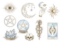 Mystical celestial and occult symbols including sun, moon, eye, pentagram, crystal, snake, skull and tarot card isolated on white background for spiritual design projects.