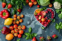 Fresh organic produce and berries arranged on dark background with heart shaped plate. Perfect for healthy eating, diet planning and food blog content.