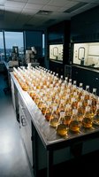 Modern pharmaceutical laboratory with rows of amber glass bottles containing liquid samples on steel table for quality control testing and research analysis.