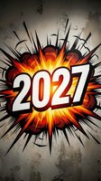 Explosive 2027 year number bursting with fiery orange flames and dynamic black spikes on grunge textured background for New Year celebration designs.