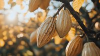 Fresh cacao pods growing on tree branch with warm golden sunlight bokeh background, close up view showing natural texture and ripening process.