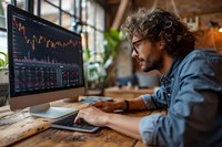 Young caucasian professional trader analyzing stock market data on computer screen in modern home office setting, perfect for business and investment concepts.