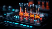 Laboratory test tubes with orange liquid on modern digital analyzer device illuminated by colorful LED lights in dark scientific research lab setting.