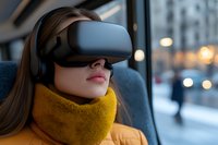 Young woman wearing virtual reality headset and yellow winter scarf in car interior with city bokeh lights background. Modern technology lifestyle concept.