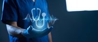 Healthcare professional in blue scrubs holding glowing stethoscope hologram, symbolizing modern medicine, digital health technology, and medical innovation for hospital and wellness concepts.