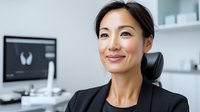 Asian businesswoman smiling confidently in modern office setting with computer monitor in background, wearing black blazer, professional workplace portrait.