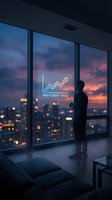 Businessman silhouette viewing holographic growth chart through office window at sunset with city skyline and glowing neon financial data visualization.