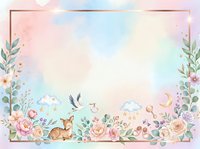 Watercolor floral border with deer, birds, and botanical elements on soft pastel background. Isolated design ready for invitations, cards, and nursery decor.