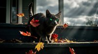 Black cat sitting on windowsill surrounded by autumn leaves, looking out window with natural light, seasonal fall scene for home decor and pet-related projects.