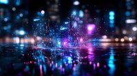 Futuristic night cityscape with neon lights reflecting on wet surface, creating vibrant blue and purple reflections against blurred urban background. Modern metropolis scene.