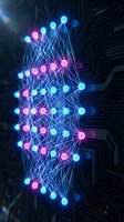 Neural network nodes glowing in blue and pink light connected by luminous lines against circuit board background, representing artificial intelligence, data processing, and digital technology innovation.