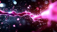 Glowing pink energy wave with light effects and particles on dark background, dynamic abstract design with luminous motion trail and bokeh elements.