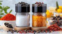 Glass spice jars with black peppercorns, sea salt, and chili powder on wooden board, scattered spices and seasonings, fresh ingredients in background.