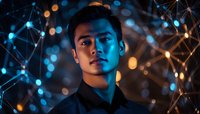 Young Asian male professional surrounded by glowing network connections and bokeh lights against dark background, dramatic blue and orange lighting creates futuristic mood.