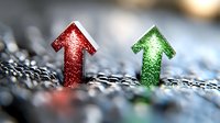 Red and green glowing arrows pointing upward on textured metallic surface with bokeh background, representing growth, success and market trends.