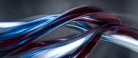 Smooth flowing ribbons of blue, red, and white light create dynamic motion against dark background, suitable for tech and corporate designs.