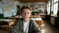 Young Caucasian boy in gray cardigan sitting in vintage classroom with wooden desks, maps on wall, and natural light streaming through windows.