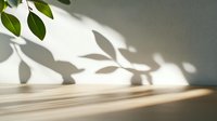 Green leaves casting delicate shadows on white wall, creating natural light pattern with wooden surface below for minimalist home decor styling.