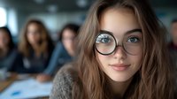 Young woman with long brown hair and round eyeglasses smiling at camera in modern office setting with blurred colleagues in background, suitable for corporate and business communications.