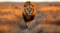 Majestic male lion walking through golden savanna grass at sunset, dramatic lighting illuminates his magnificent mane as he moves forward with confident gaze.