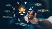 Professional businessman touching digital justice scales interface with legal technology concepts and secure governance systems on dark background.