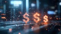 Glowing dollar signs with network connections on dark background with bokeh lights and digital elements. Modern financial technology concept.