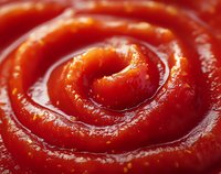 Spiral pattern of rich red tomato ketchup sauce with glossy texture and smooth swirls creating appetizing circular design for food photography and culinary use.
