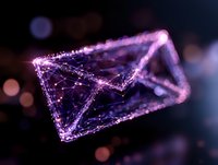 Digital envelope shape formed by glowing purple dots and lines with bokeh effect on dark background, representing electronic mail and digital communication concept.