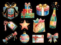 Watercolor Christmas and holiday clipart set with gift boxes, champagne bottle, ornament, bow, star, and bag, isolated on transparent background for stickers, T-shirts, print on demand.