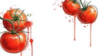 Fresh red tomatoes with green stems and watercolor paint drips on white background. Organic vegetable illustration for cooking, healthy eating and food design.