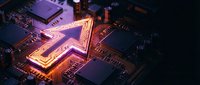 Futuristic AI chip with glowing orange neural pathways on dark circuit board. High-tech processor for artificial intelligence and machine learning applications.