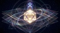 Sacred geometry mandala with glowing geometric patterns and mystical symbols on cosmic starry background for spiritual meditation and esoteric design projects.